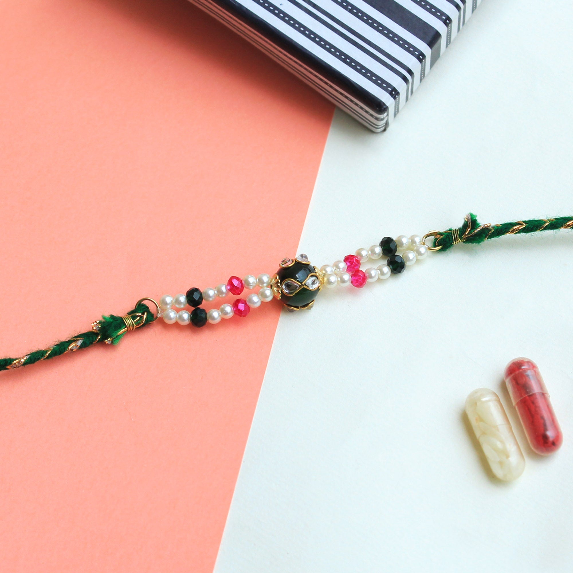 Green & Pink Beaded Rakhi