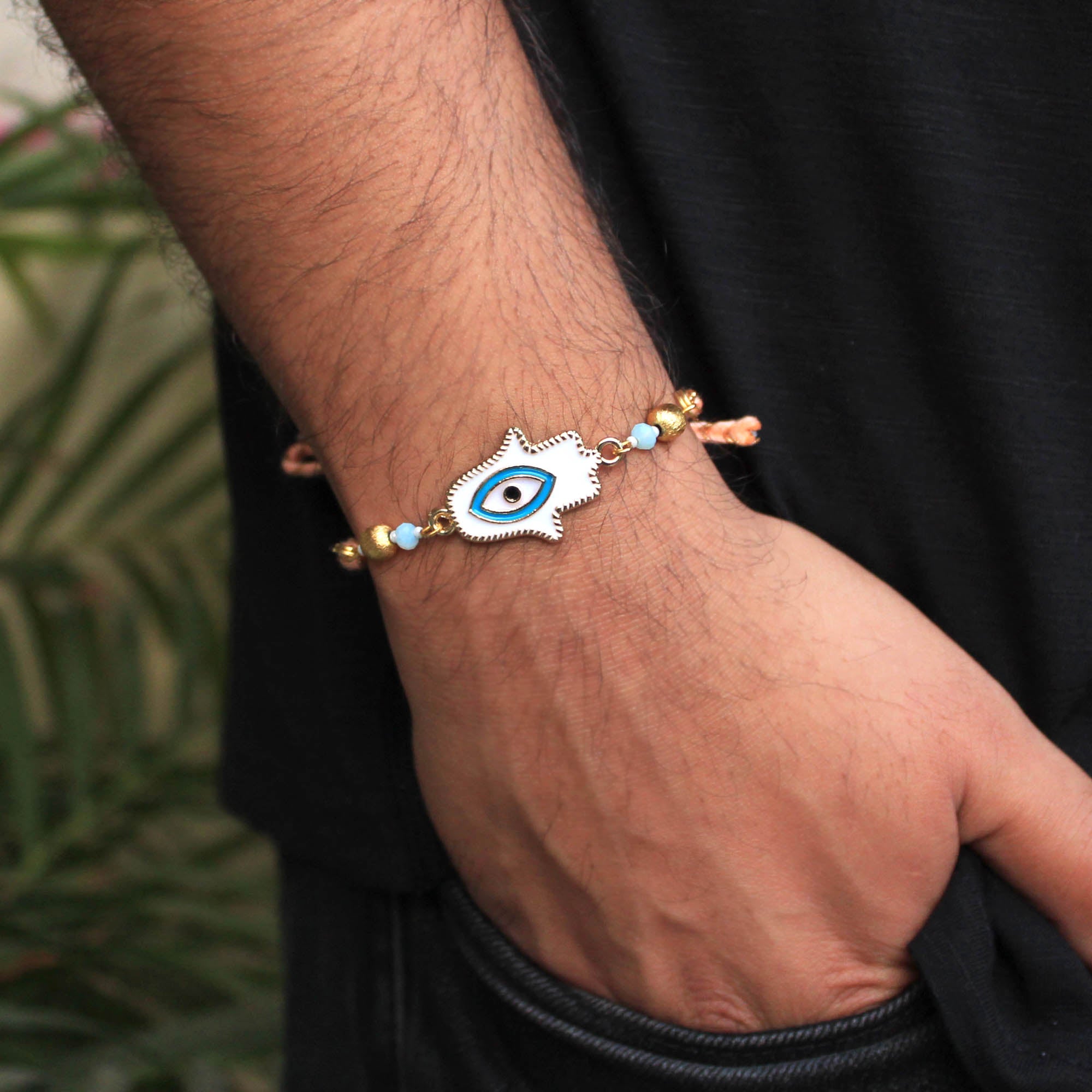 BeAbhika Hamsa Evil Eye Blue White Rakhi  Brass Thread Rakhi Available At Best Price In India Online COD Available Send Rakhi To Brother For Small Brother Big Brother Younger Brother Send Rakhi Abroad With Roli Chawal Capsules Designer Unqiue Famous 