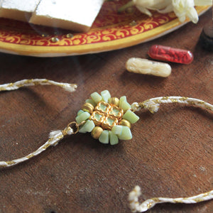 BeAbhika Green Stone Enamel Kundan Brass Rakhi Lightweight Easy To Tie Rakhi Available At Best Price In India Online COD Available Send Rakhi To Brother Small Brother Big Brother Younger Brother Send Rakhi Abroad With Roli Chawal Capsules Designer Unqiue Famous 