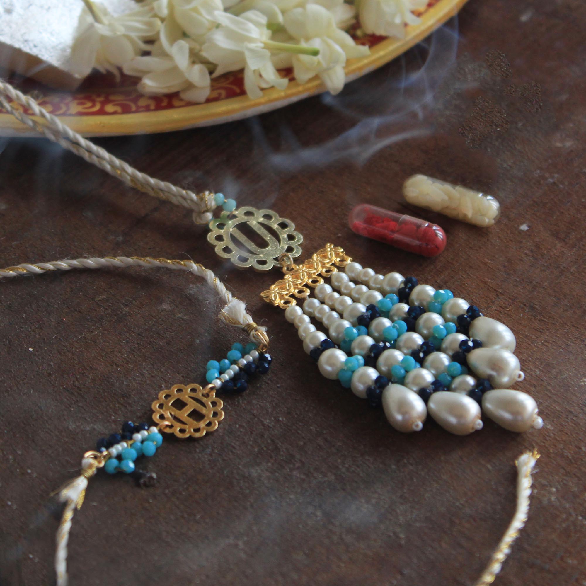 Azure Pearl & Beads Rakhi & Lumba Set