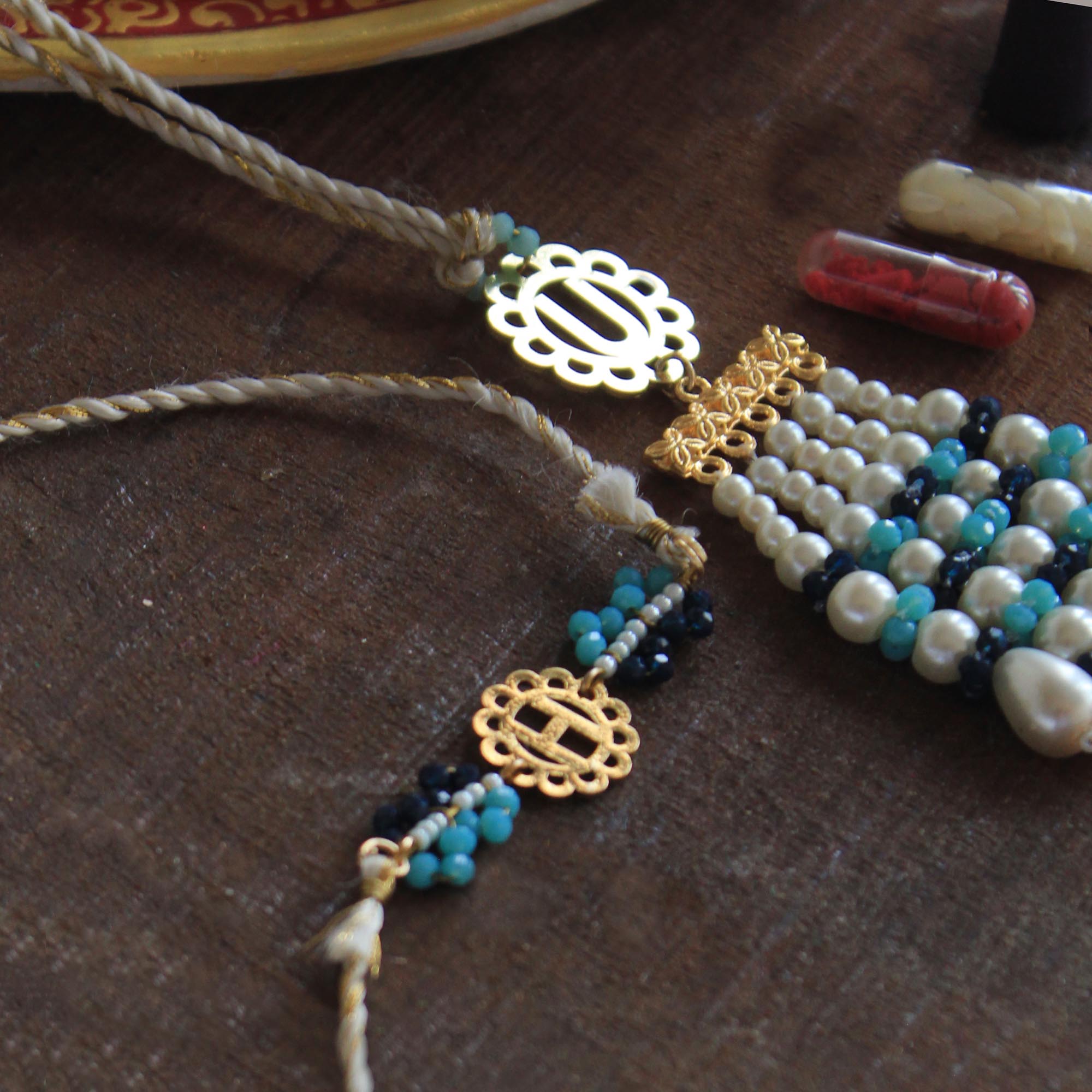 Azure Pearl & Beads Rakhi & Lumba Set