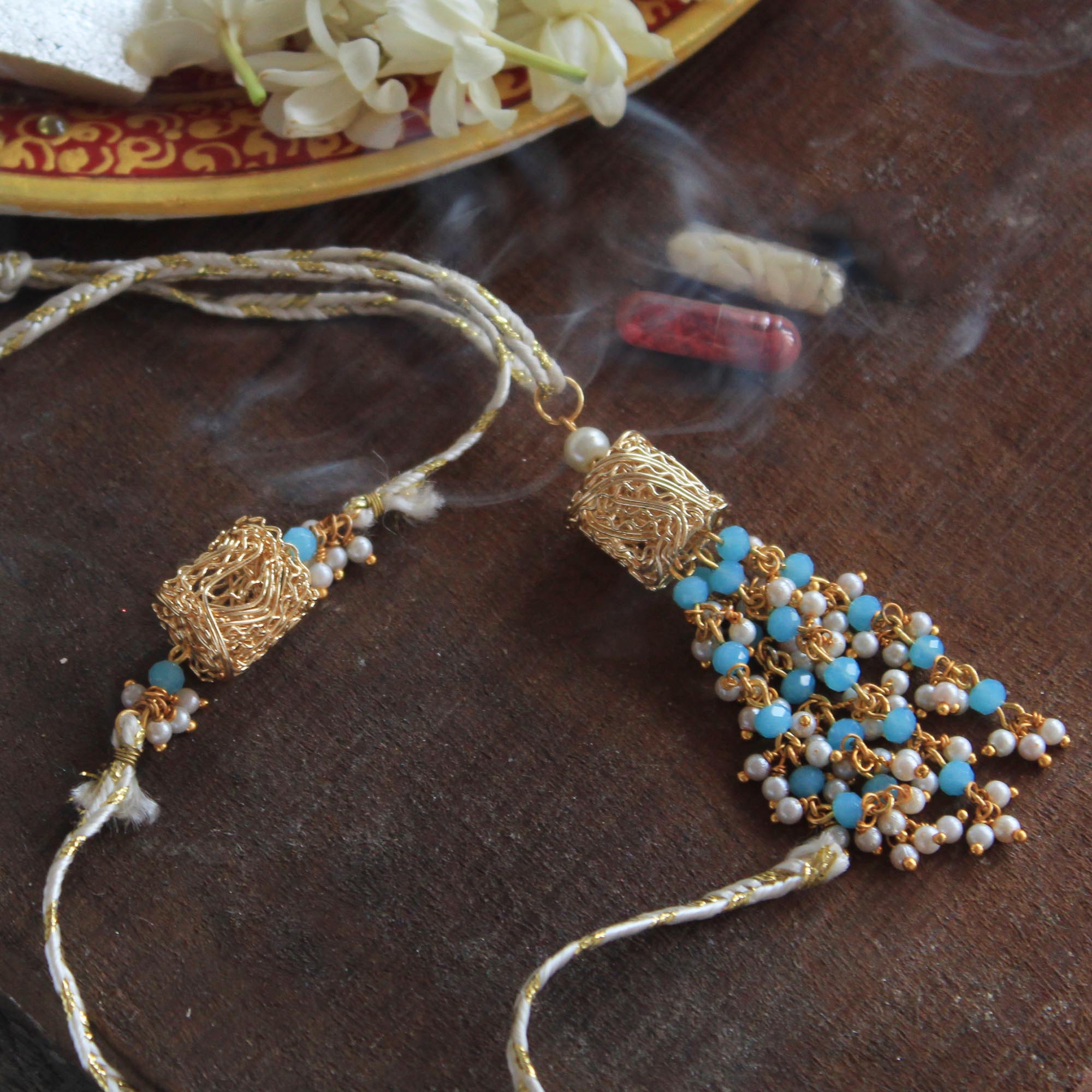 Dazzling Mesh & Pearl Rakhi Lumba Set