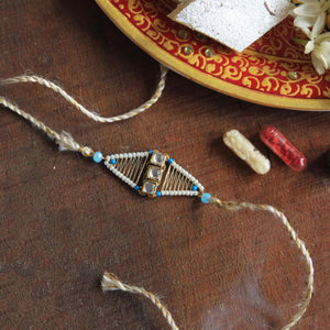 BeAbhika Blue Beads Golden Tone Kundan Rakhi Designer Unqiue Famous Rakhi Lightweight Easy To Tie Rakhi Available At Best Price In India Online COD Available Send Rakhi To Brother Small Brother Big Brother Younger Brother Send Rakhi Abroad With Roli Chawal Capsules