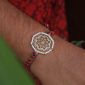 BeAbhika Gold Tone Floral Design White Beads Religious Floral Mandala Rakhi Designer Unqiue Famous Rakhi Lightweight Easy To Tie Rakhi Available At Best Price In India Online COD Available Send Rakhi To Brother Small Brother Big Brother Younger Brother Send Rakhi Abroad With Roli Chawal Capsules