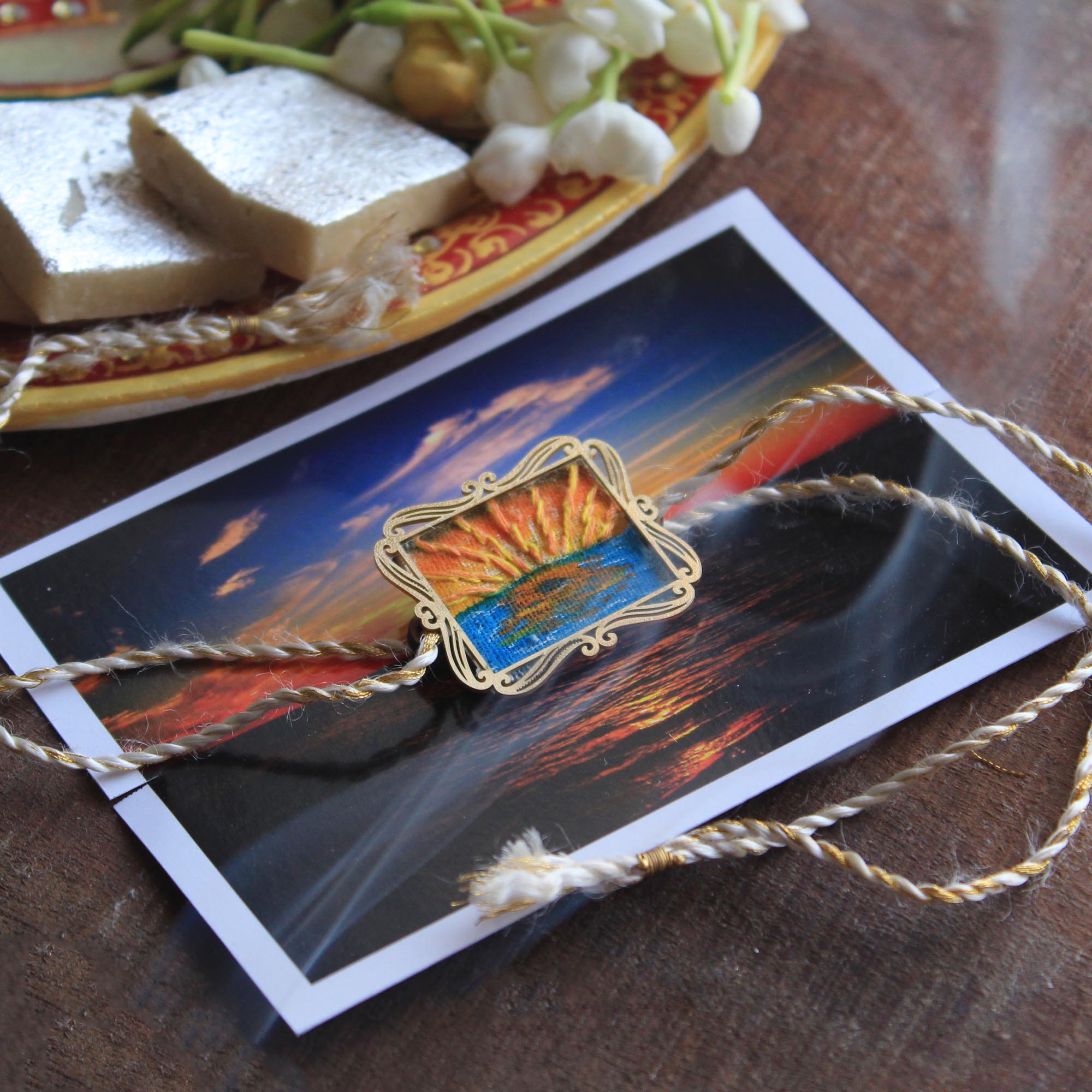 BeAbhika Hand Embroidered Rakhi Sunset Beach Lover Bro Rakhi With Fridge Magnet Designer Unqiue Famous Rakhi Lightweight Easy To Tie Rakhi Available At Best Price In India Online COD Available Send Rakhi To Brother Small Brother Big Brother Younger Brother Send Rakhi Abroad With Roli Chawal Capsules