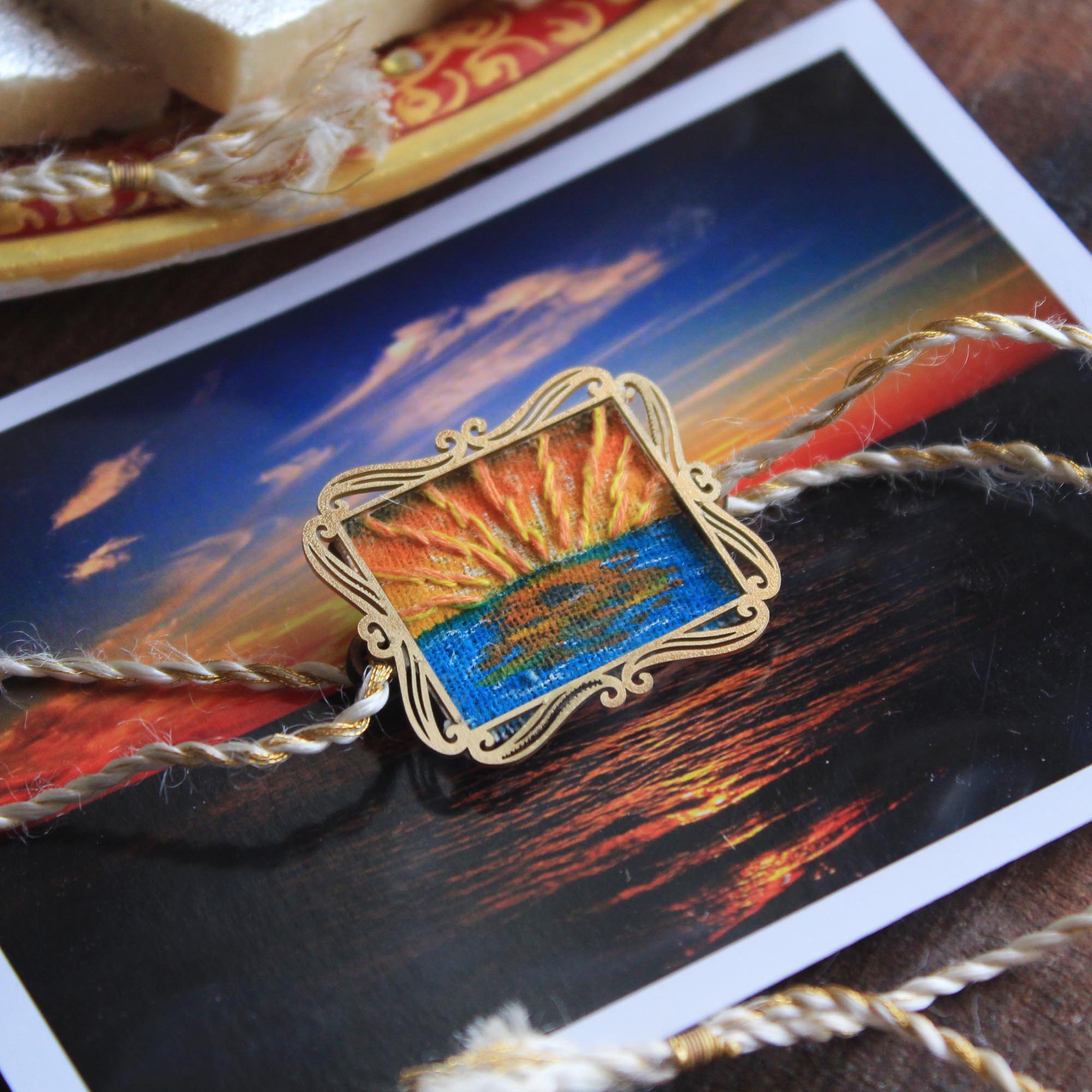 BeAbhika Hand Embroidered Rakhi Sunset Beach Lover Bro Rakhi With Fridge Magnet Designer Unqiue Famous Rakhi Lightweight Easy To Tie Rakhi Available At Best Price In India Online COD Available Send Rakhi To Brother Small Brother Big Brother Younger Brother Send Rakhi Abroad With Roli Chawal Capsules