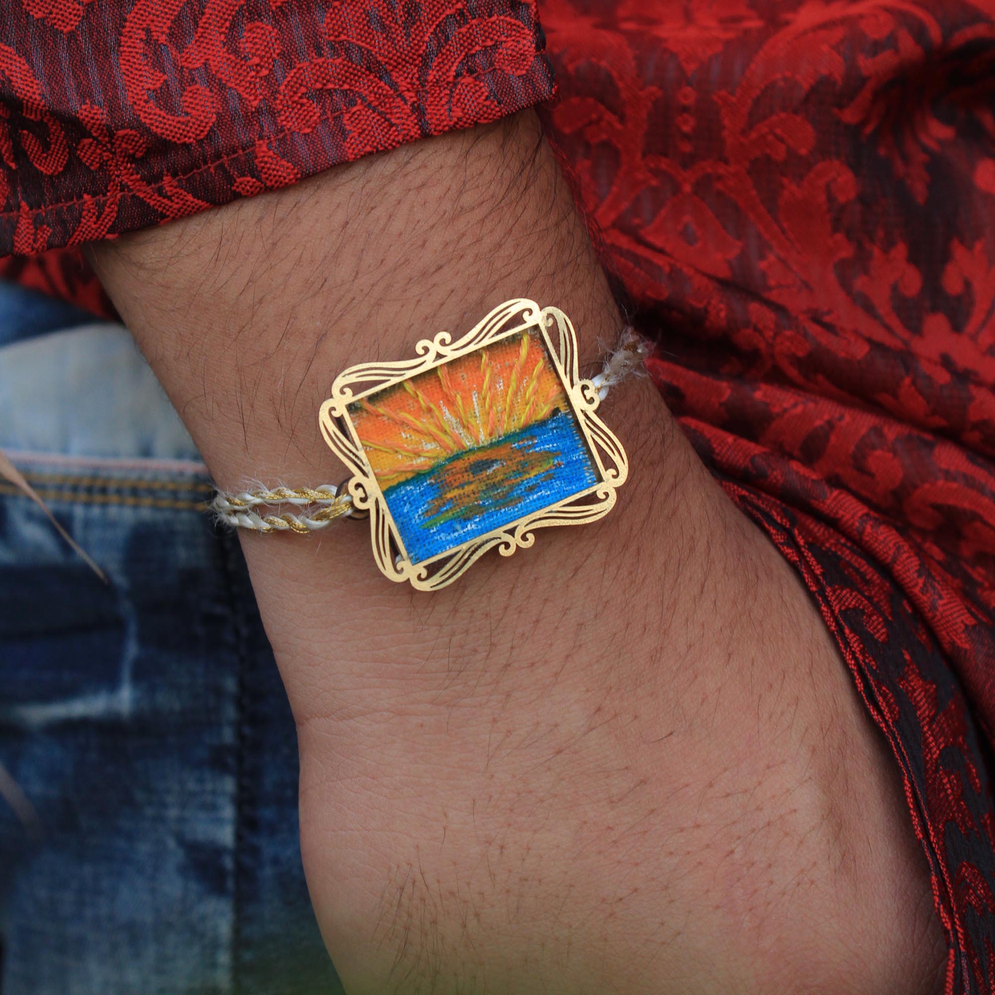BeAbhika Hand Embroidered Rakhi Sunset Beach Lover Bro Rakhi With Fridge Magnet Designer Unqiue Famous Rakhi Lightweight Easy To Tie Rakhi Available At Best Price In India Online COD Available Send Rakhi To Brother Small Brother Big Brother Younger Brother Send Rakhi Abroad With Roli Chawal Capsules