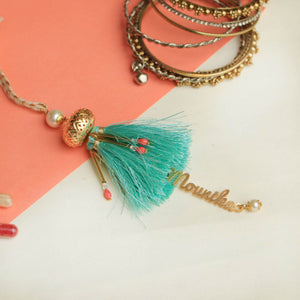 BeAbhika Gold Tone Blue Tassel PersonaliSend Bhabhi Name Lumba Rakhi For Sister In Law Designer Unique Bhabhi Rakhi Lumba Available In India Best Price Online Send Rakhi To Bhai Brother Hanging Lumba With Thread CustomiSend Name Bhabhi Lumba
