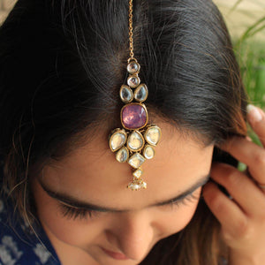 white glass kundan mangtika Beabhika Handmade Purple Artificial Jewelry Kundan Maangtikka Golden Maang Tikka With Pearls Kundan Wedding Jewelry Trendy Earrings Daily Wear Party Wear Traditional Ethnic Dress Jewelry Head Accessory Bridal Jewelry Set Online Cash On Delivery