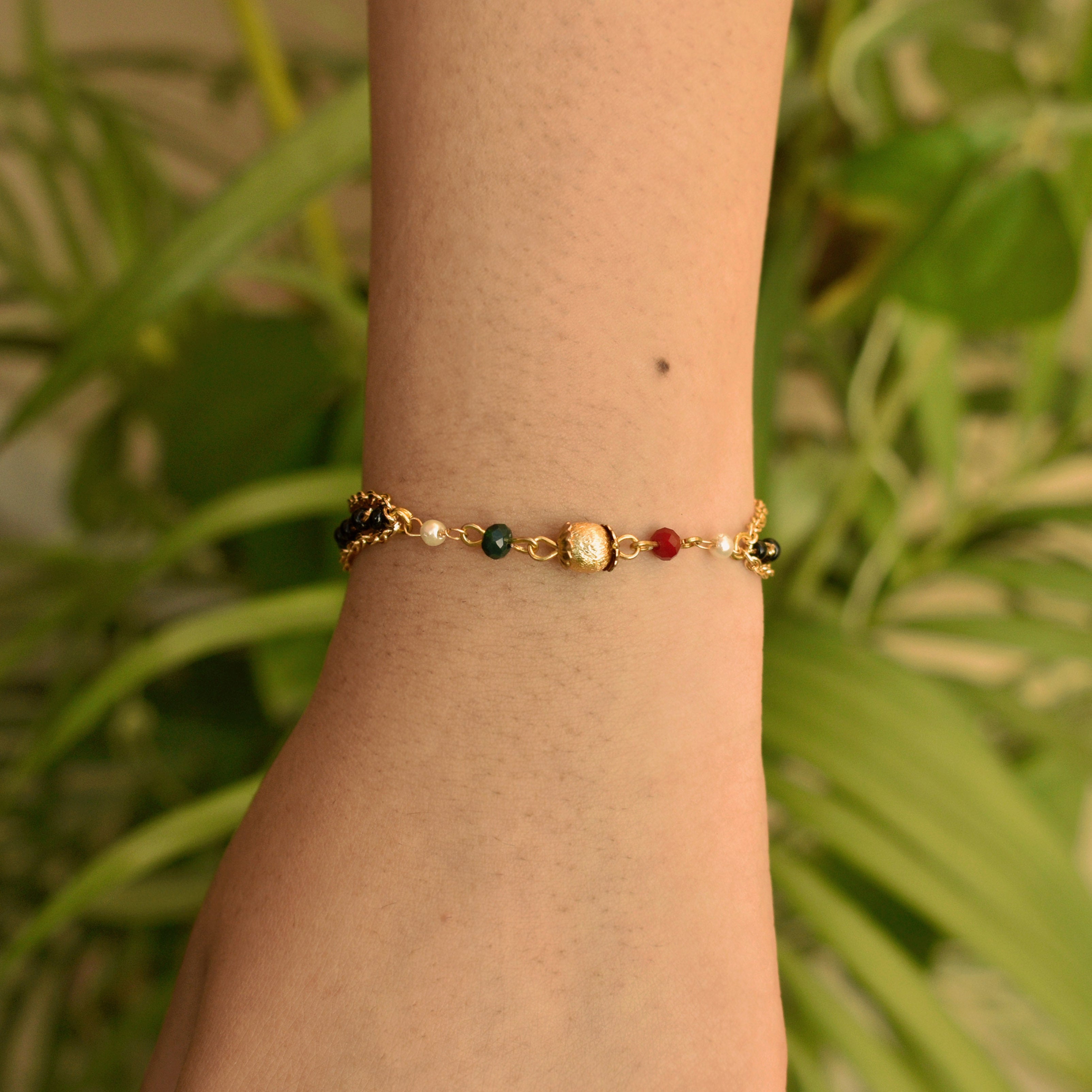 black, red, golden beads mangalsutra bracelet