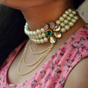 Kundan choker set in gold-tone with matching earrings and long bridal necklace, perfect for wedding functions , festive and bridal wear