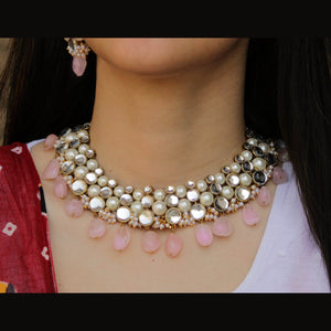 Kundan choker set in gold-tone with matching earrings and long bridal necklace, perfect for wedding functions , festive and bridal wear