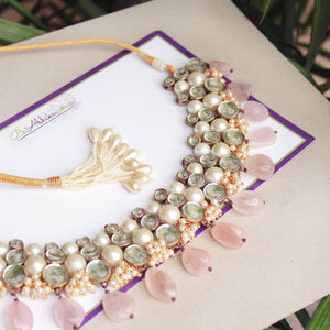 Kundan choker set in gold-tone with matching earrings and long bridal necklace, perfect for wedding functions , festive and bridal wear