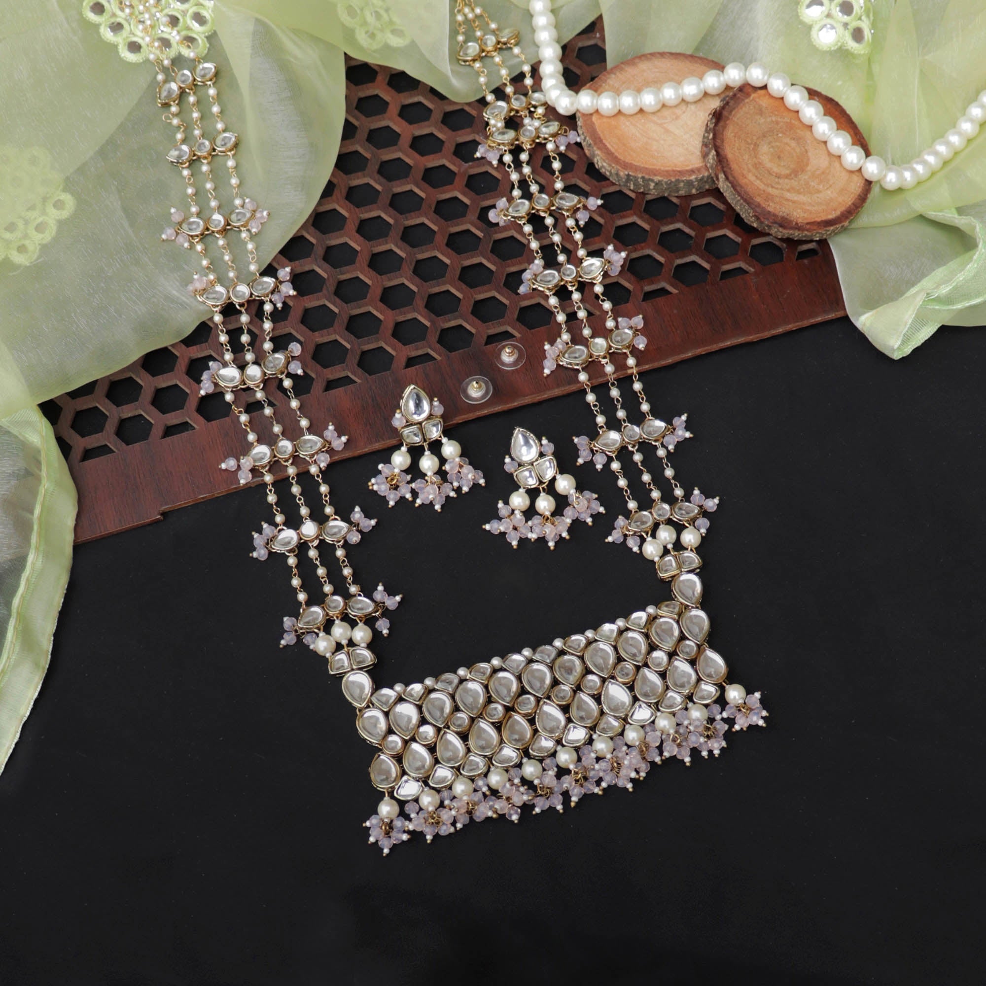white glass kundan handmade nacklace with matching earrings 