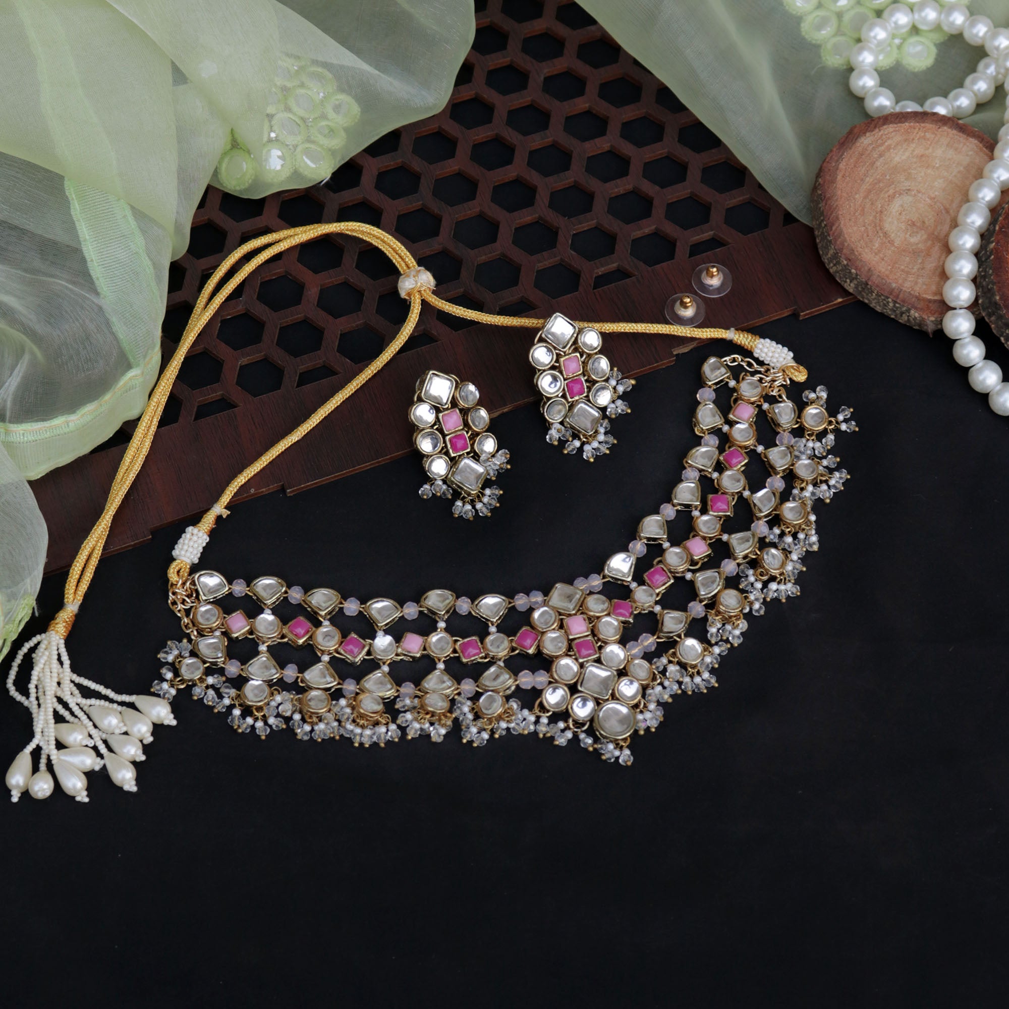 colorful kundan handmade nacklace with matching earrings