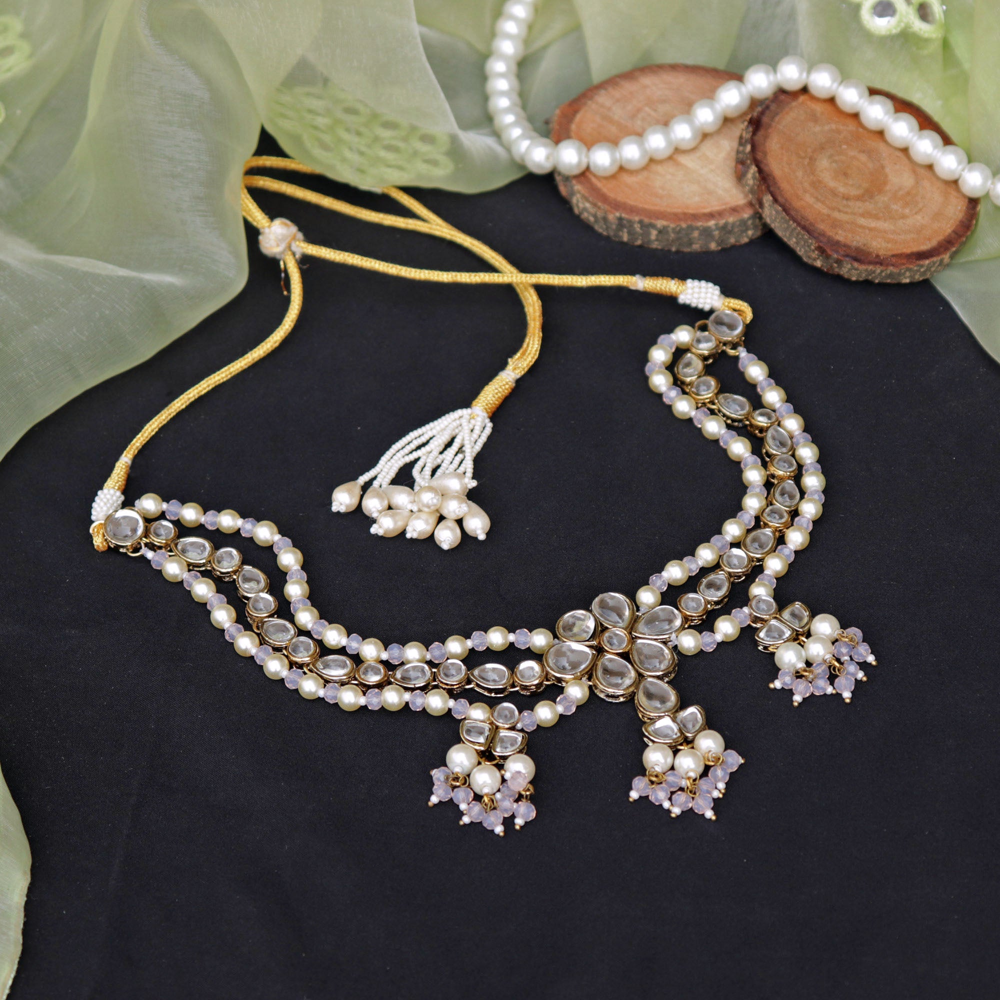 white glass kundan handmade macklace with matching earrings