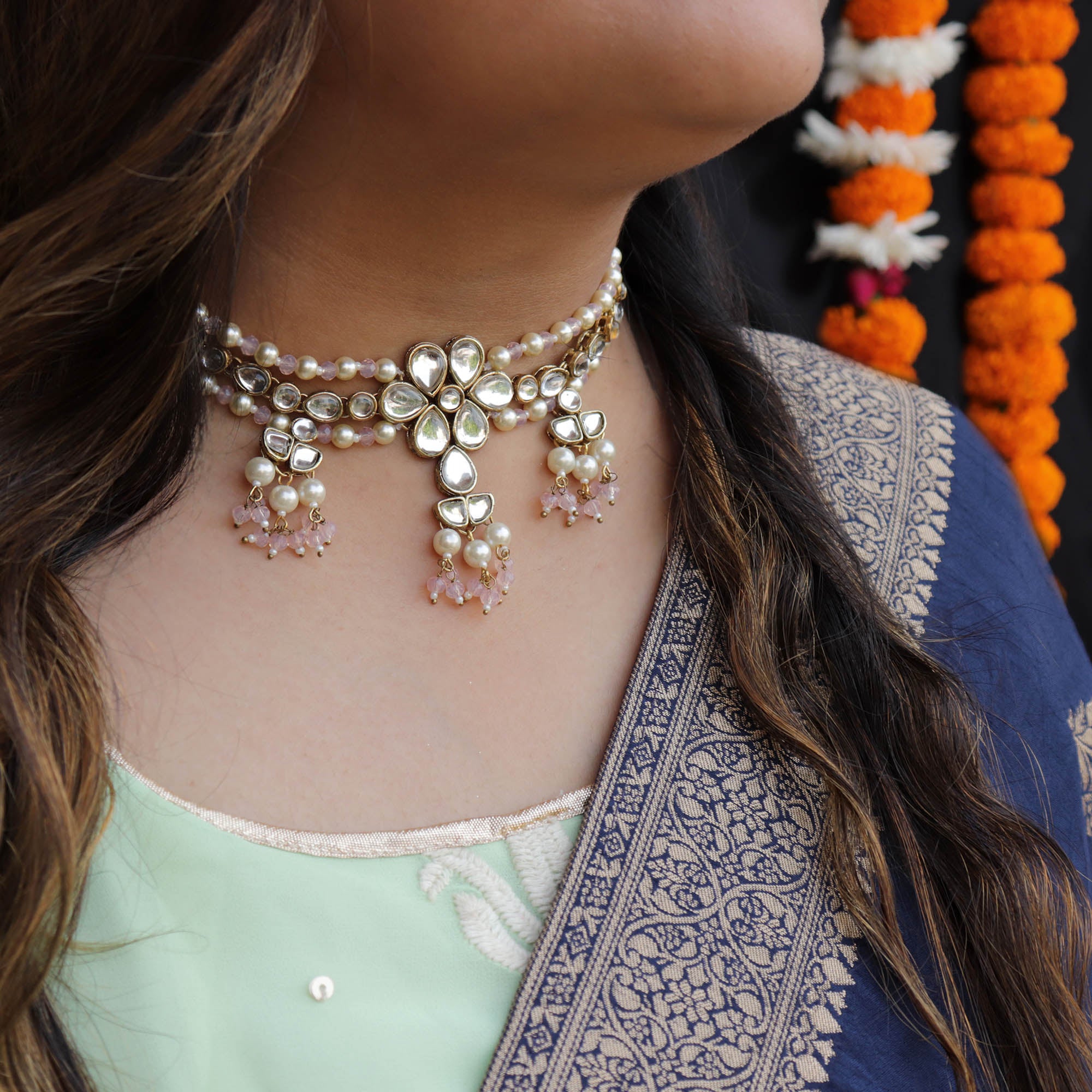 BeAbhika Handmade Artificial Jewelry White Color Pearls Kundan Choker Set With Matching Handmade Pink Necklace Set With Matching Earrings Choker Style Pearl Matching Ethnic Dress Available On COD In India Delhi Heeramandi Style Jewelry Traditional Style Necklace Gift For Women Lightweigth Layered Moti Necklace Set Jewelruy Set 