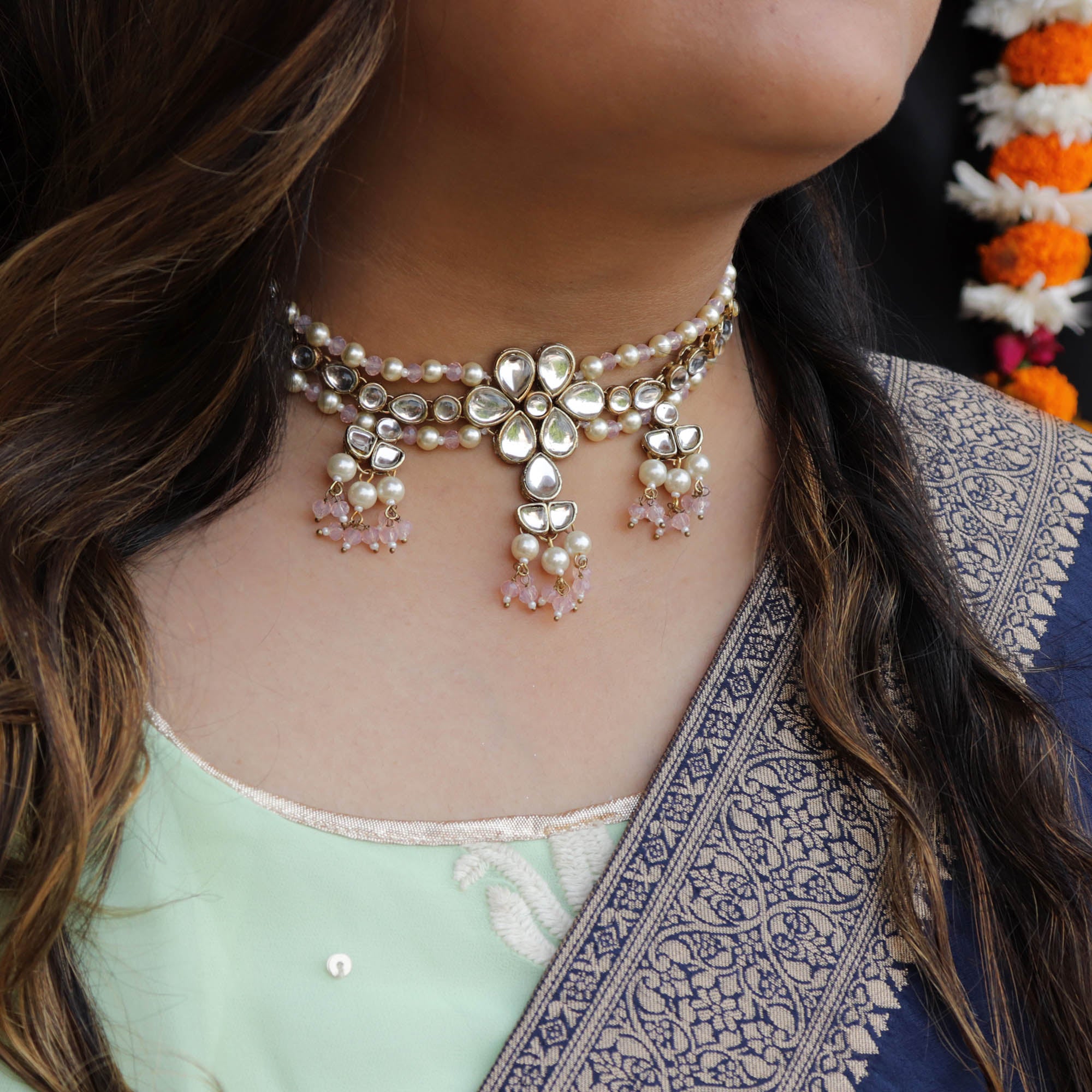 BeAbhika Handmade Artificial Jewelry White Color Pearls Kundan Choker Set With Matching Handmade Pink Necklace Set With Matching Earrings Choker Style Pearl Matching Ethnic Dress Available On COD In India Delhi Heeramandi Style Jewelry Traditional Style Necklace Gift For Women Lightweigth Layered Moti Necklace Set Jewelruy Set 