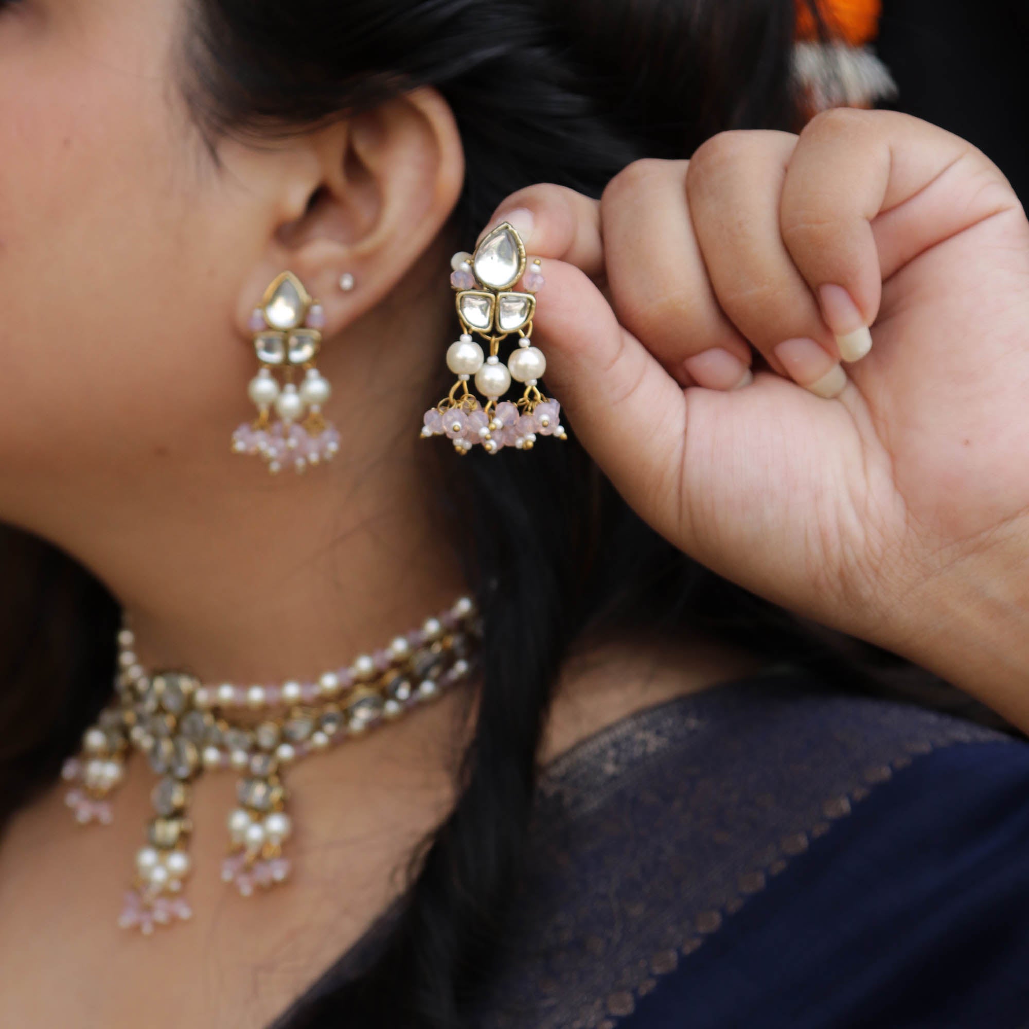 white glass kundan handmade macklace with matching earrings