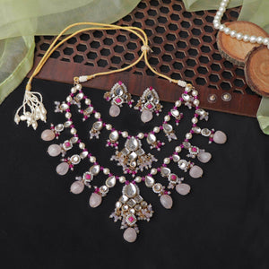 Kundan choker set in gold-tone with matching earrings and long bridal necklace, perfect for wedding functions , festive and bridal wear