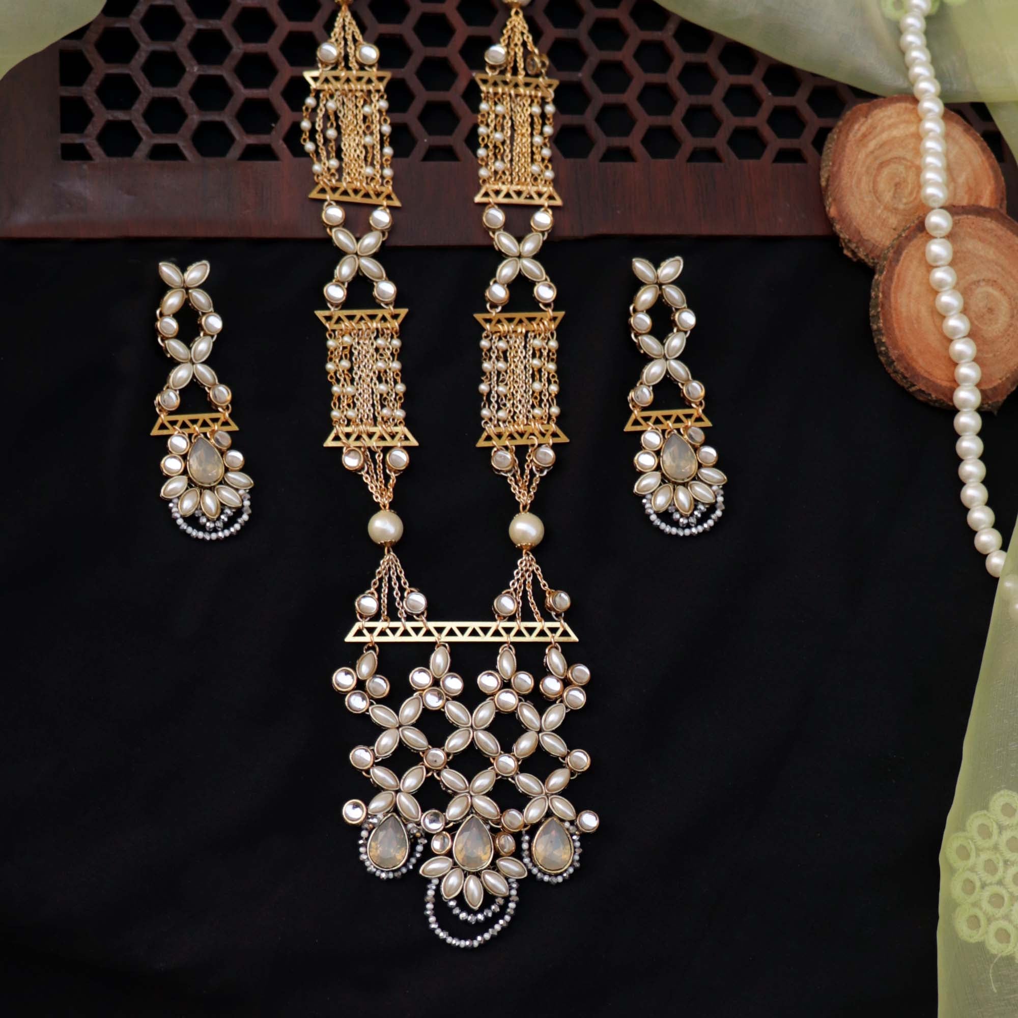 golden and white glass kundan handmade nacklace with matching earrings
