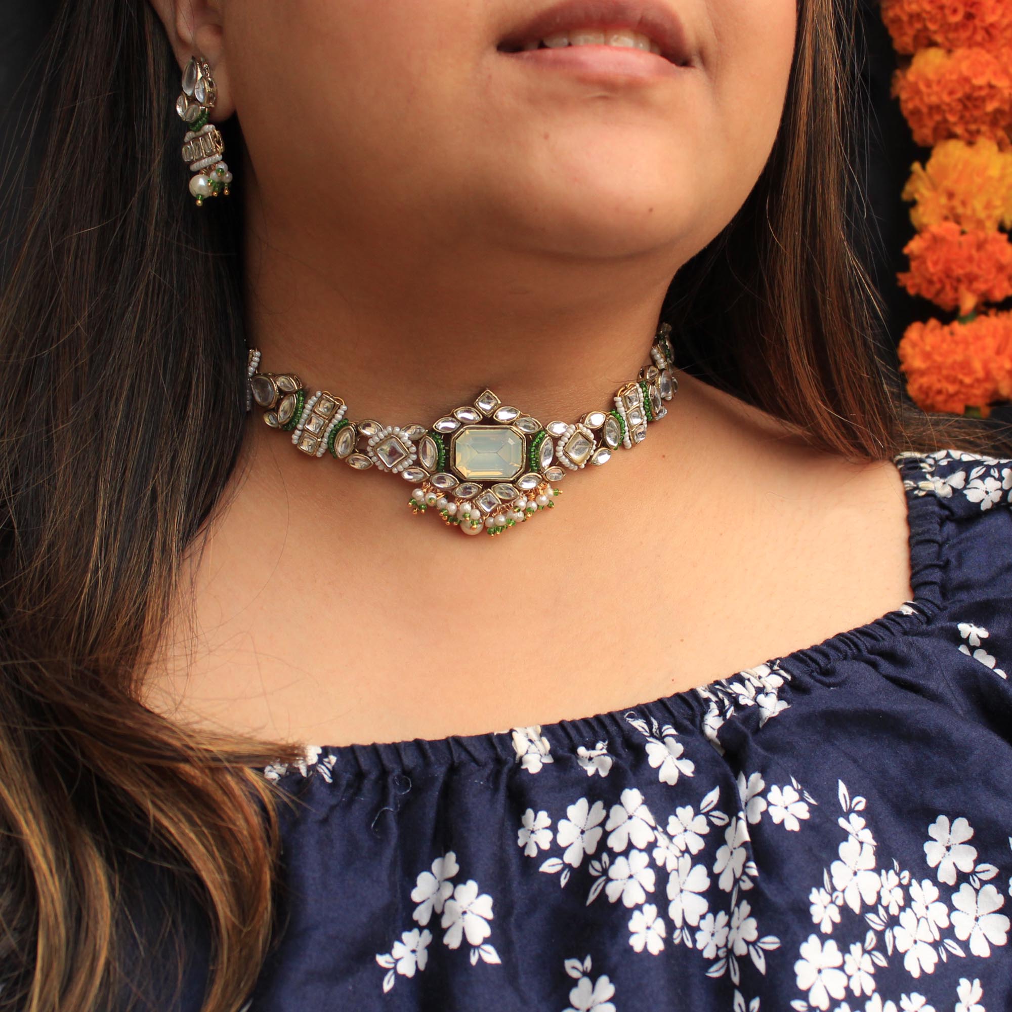 White glass kundan handmade nacklace with matching earrings