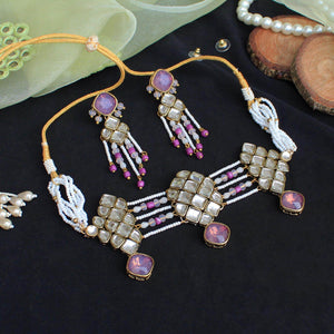 Kundan choker set in gold-tone with matching earrings and long bridal necklace, perfect for wedding functions , festive and bridal wear