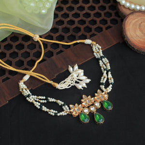 Kundan choker set in gold-tone with matching earrings and long bridal necklace, perfect for wedding functions , festive and bridal wear