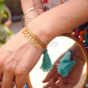 BeAbhika Special Designer Blue Tassel Gold Tone Personalised Name Bhabhi Rakhi Bracelet Lumba Customised Name Adjustable Unique Bhabhi Rakhi Available In India At Best Price COD Available Express Shipping Send Rakhi To Bhai Sister In Law Rakhi Lumba