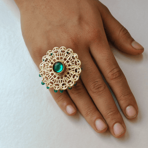 green glass kundan adjustable ring