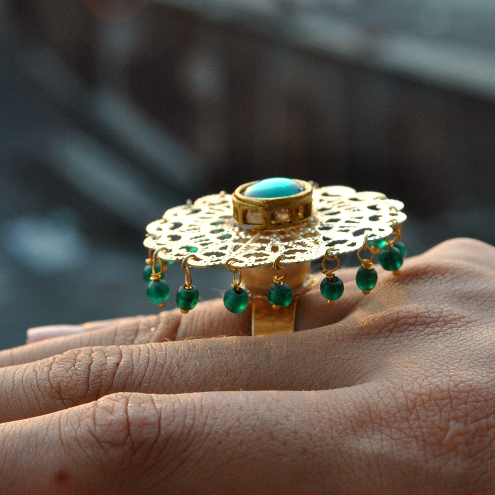 green glass kundan adjustable ring