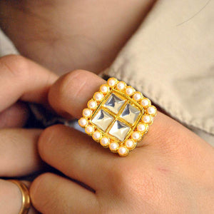 golden glass kundan white pearls adjustable ring
