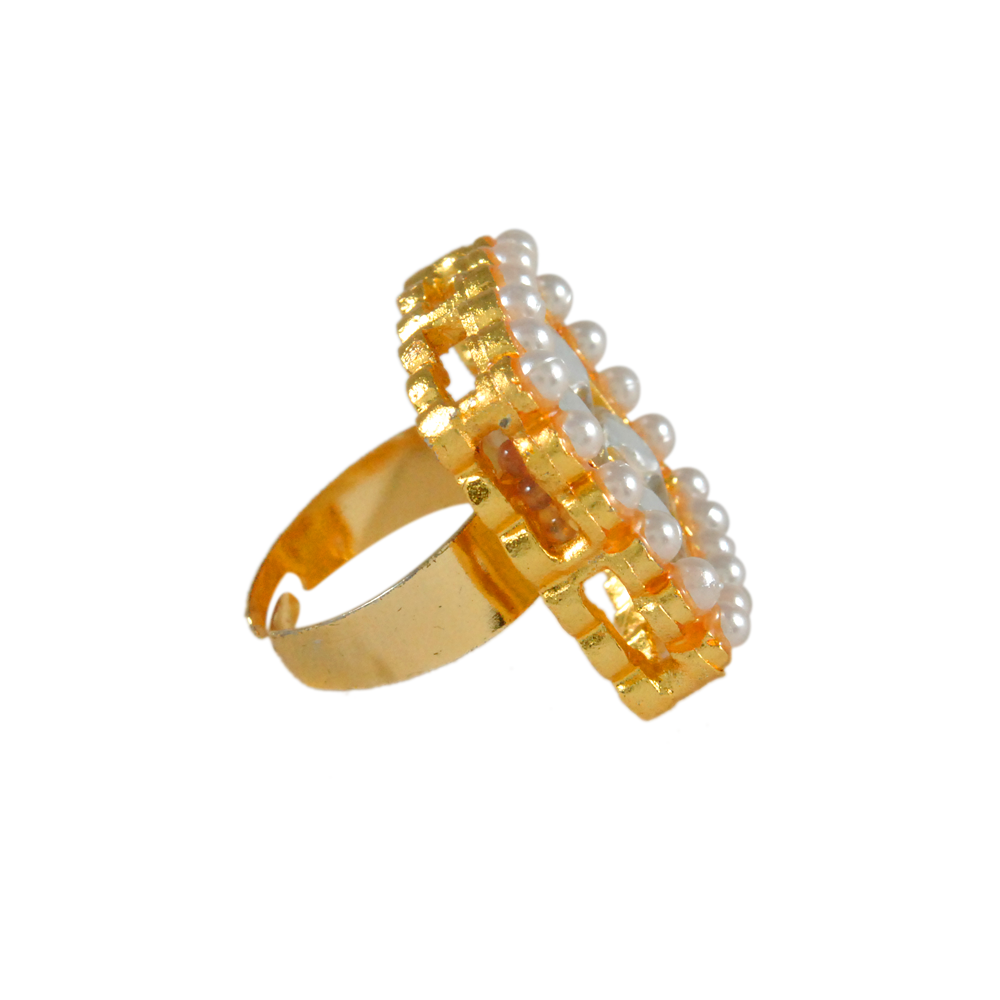 golden glass kundan white pearls adjustable ring