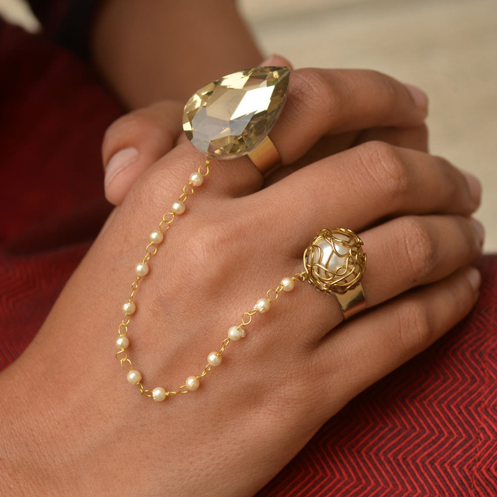 golden glass kundan wire mesh white pearls adjustable two finger ring