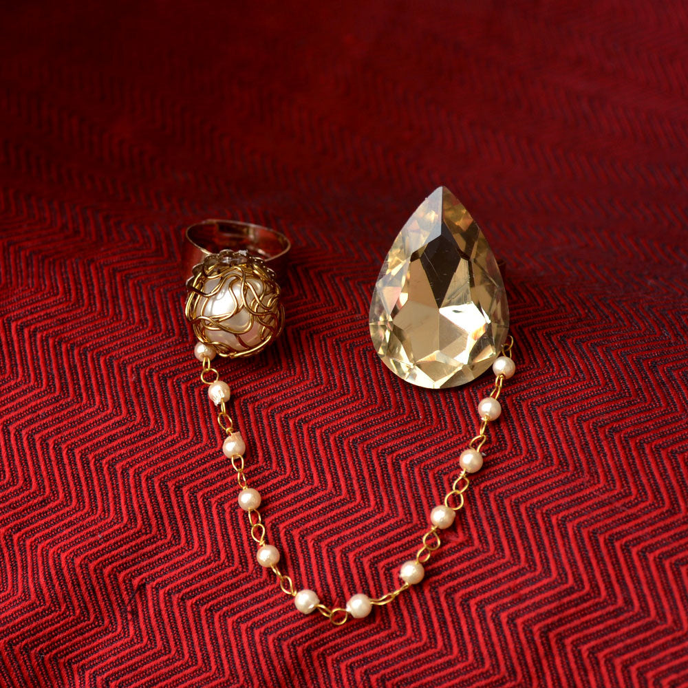 golden glass kundan wire mesh white pearls adjustable two finger ring