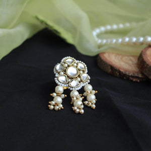glass kundan faux pearls adjustable ring.