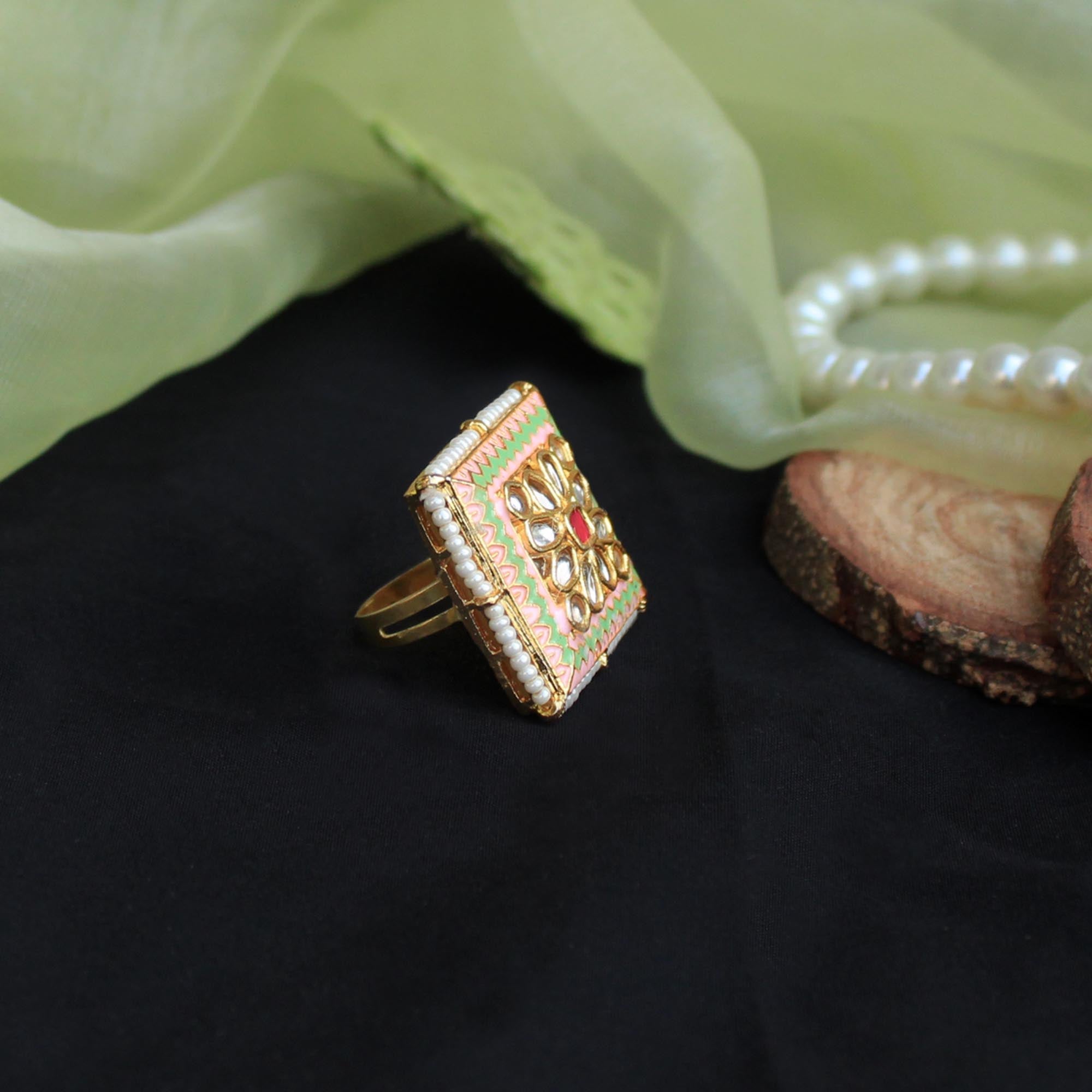 enamel colored kundan adjustable stylish ring