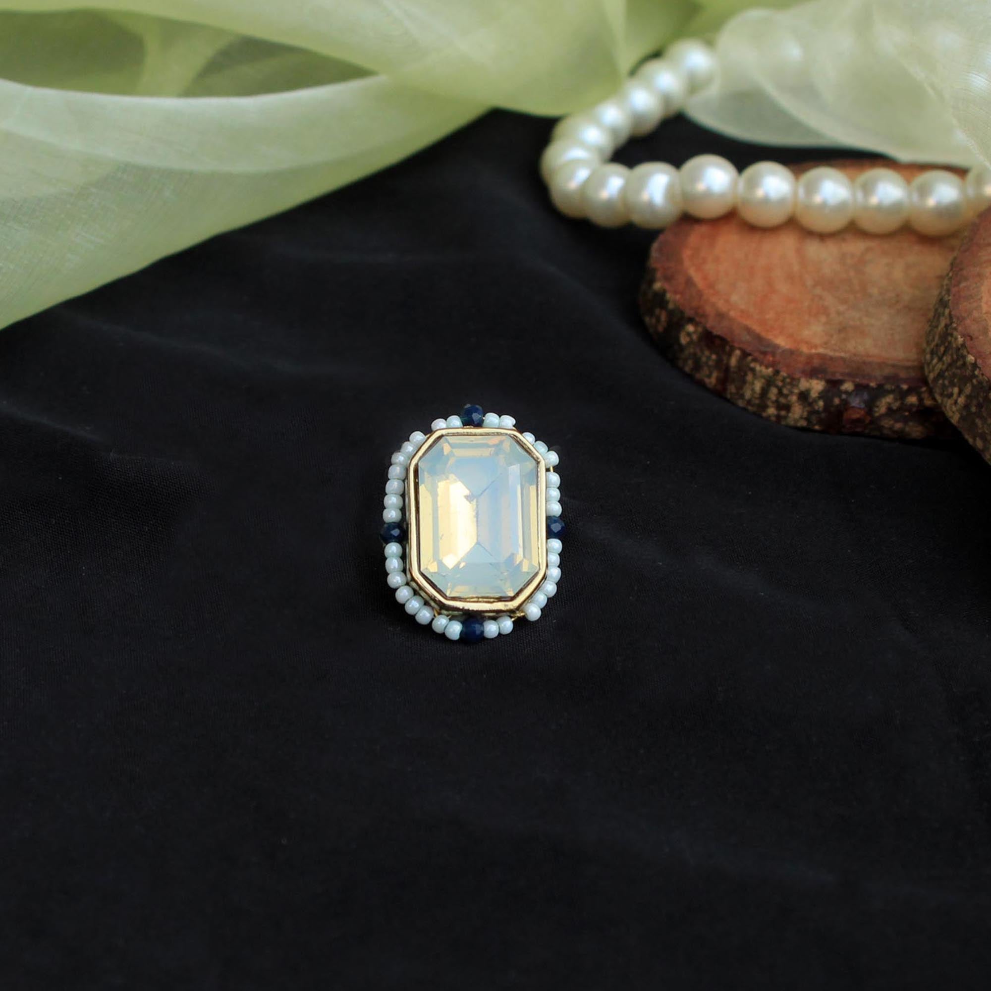 Glass colored kundan White pearls adjustable ring