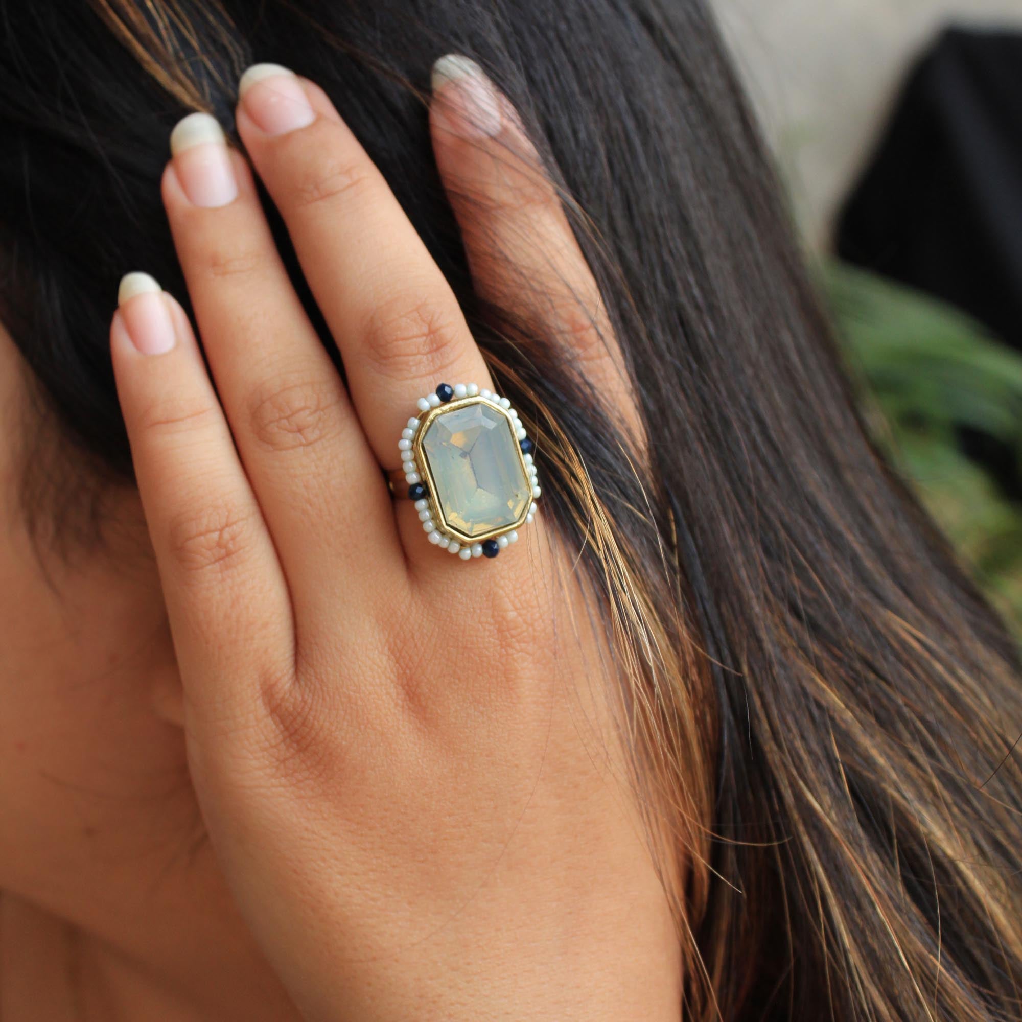 Glass colored kundan White pearls adjustable ring