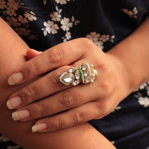 Beabhika Handmade Artificial Jewelry Gold Tone Adjsutable Kundan Ring Green Kundan Rings Daily Wear Part Wear Traditional Kundan Jewelry Statement Small Fashion Ring Cocktail Ring Set White Kundan Ring Available On COD In India Delhi Traditional Heeramandi Style Jewelry