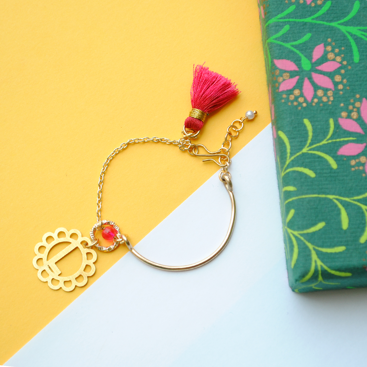 Personalised Initial Pink Tassel Bhabhi Rakhi