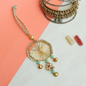 BeAbhika Designer Gold Tone Wheel Design Bhabhi Lumba Bracelet Sister Rakhi Send Rakhi To Brother Bhabhi Green Beads Hanging Bhabhi Lumba For Sister In Law Send Rakhi In India Available At Best Price COD Available Express Quick Shipping Bhabhi Rakhi