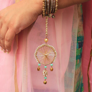 BeAbhika Designer Gold Tone Wheel Design Bhabhi Lumba Bracelet Sister Rakhi Send Rakhi To Brother Bhabhi Green Beads Hanging Bhabhi Lumba For Sister In Law Send Rakhi In India Available At Best Price COD Available Express Quick Shipping Bhabhi Rakhi