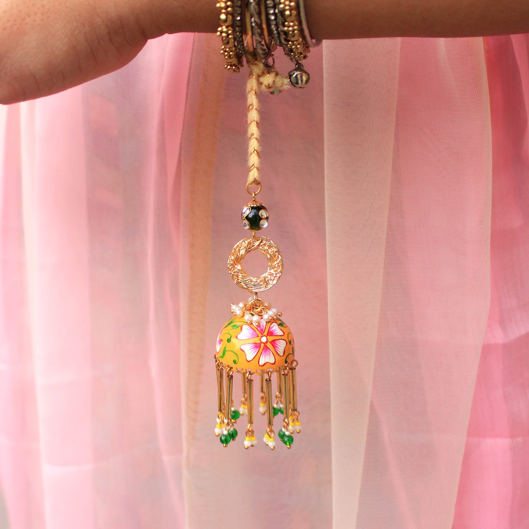 Yellow Handpainted Jhumki Lumba