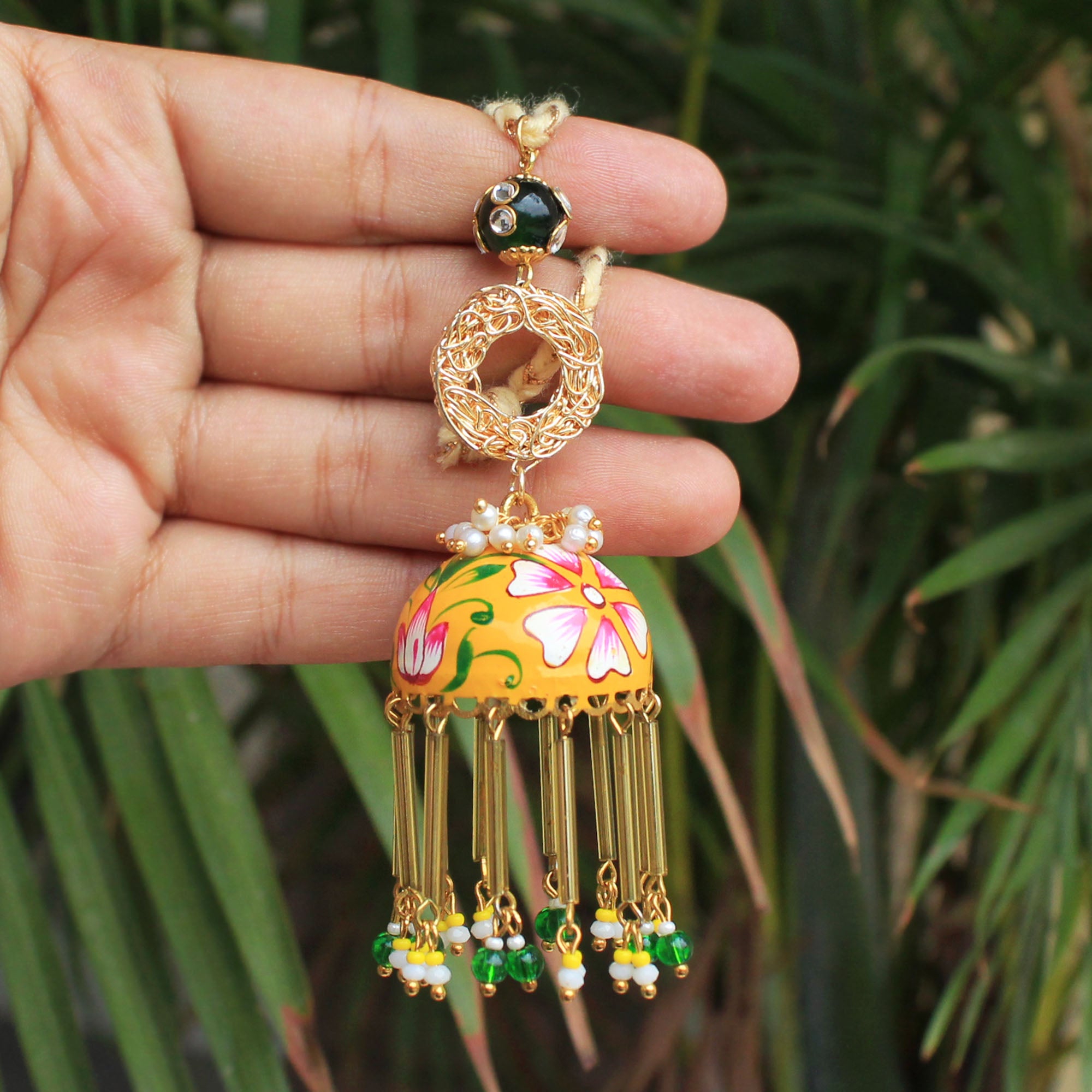 Yellow Handpainted Jhumki Lumba
