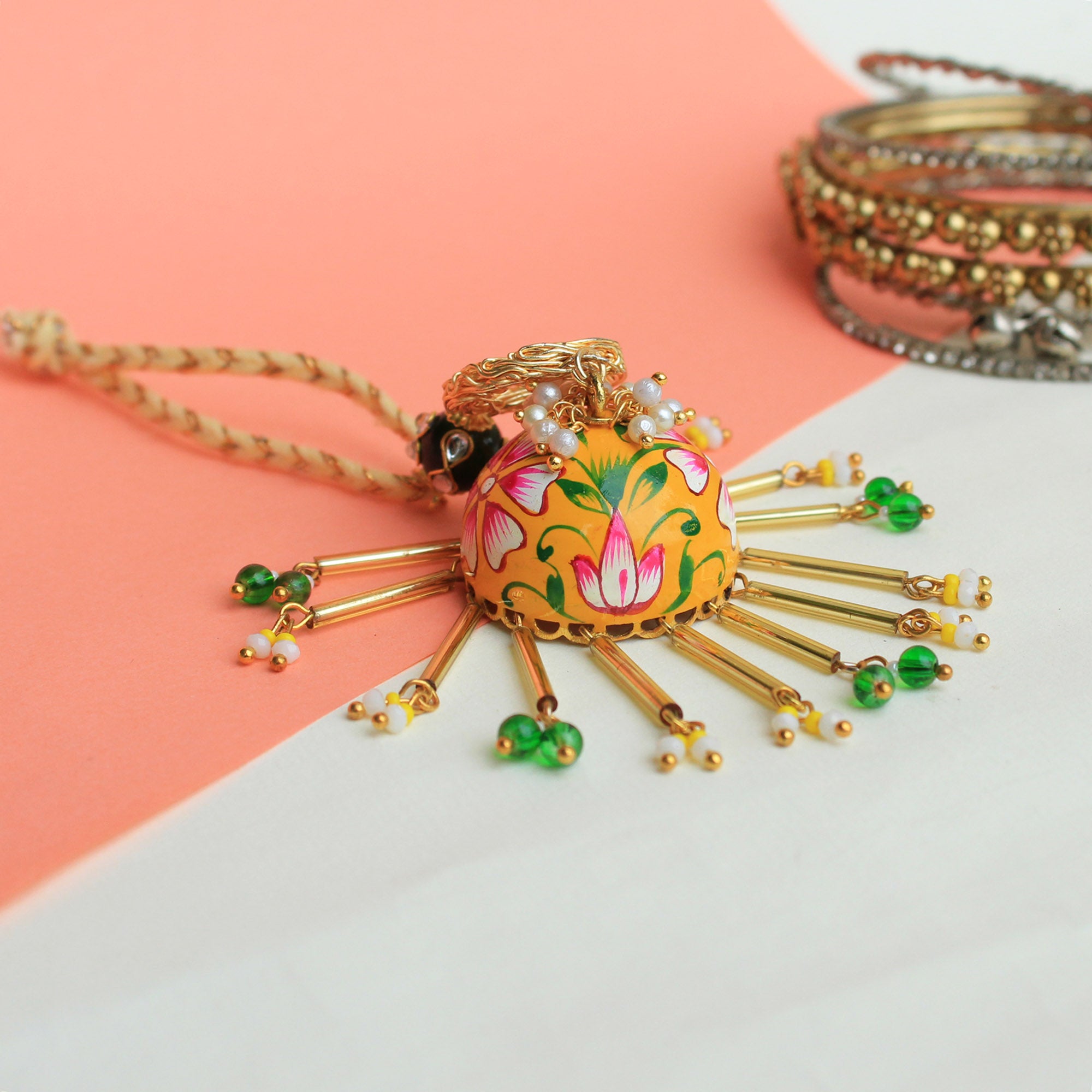 Yellow Handpainted Jhumki Lumba