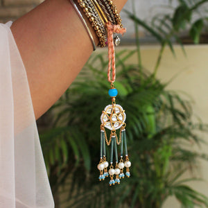 BeAbhika Kundan Gold Tone White Pearls Blue Beads Bhabhi Lumba Rakhi For Sister In Law Sister Rakhi Designer Unique Bhabhi Rakhi Lumba Available In India Best Price Online Send Rakhi To Bhai Brother Hangin Lumba With Thread