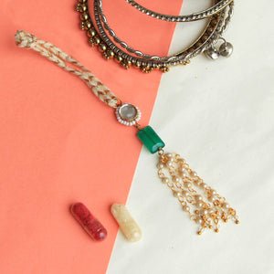 BeAbhika Kundan Gold Tone White Pearls Green Stone Bhabhi Lumba Rakhi For Sister In Law Sister Rakhi Designer Unique Bhabhi Rakhi Lumba Available In India Best Price Online Send Rakhi To Bhai Brother Hangin Lumba With Thread