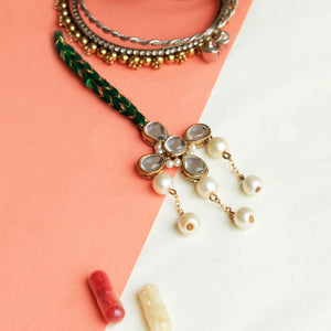 BeAbhika Kundan Gold Tone White Pearls Green Stone Bhabhi Lumba Rakhi For Sister In Law Sister Rakhi Designer Unique Bhabhi Rakhi Lumba Available In India Best Price Online Send Rakhi To Bhai Brother Hangin Lumba With Thread