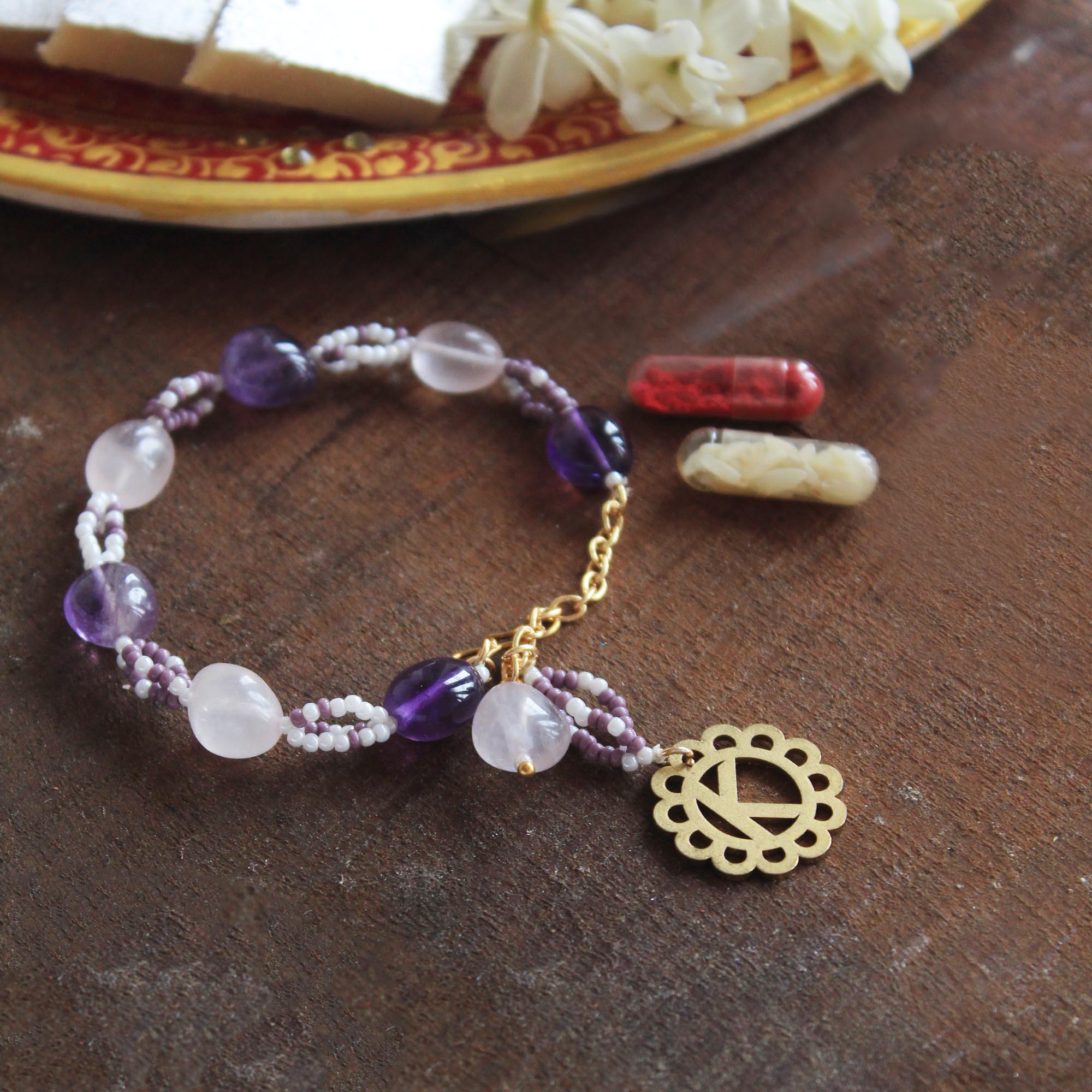 BeAbhika Amaethyst Natural Stones Bracelet Style Lumba Bhabhi Rakhi Designer Unique Personalised Name Initial Lumba For Sister In Law Available In India Online Best Price Send Rakhi To Bhai COD Express Shipping Cusomisation Rakhi Lumba 